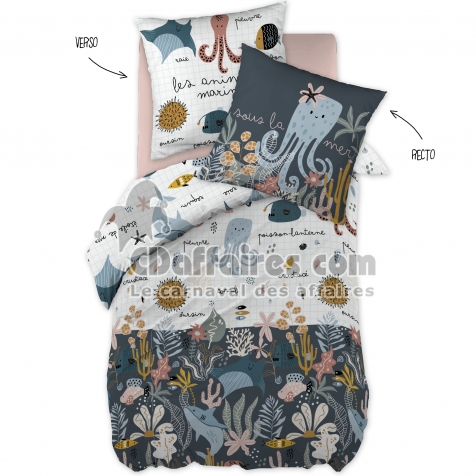 Housse de couette r&eacute;versible + 1 taie d&rsquo;oreiller 140 x 200 cm &ndash; Coton 57 fils &ndash; Imprim&eacute; Octopia