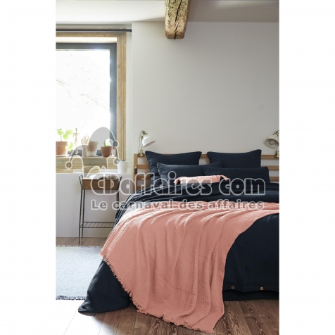 Plaid &agrave; franges 180 x 220 cm &ndash; Double gaze de coton GA&Iuml;A Rose P&ecirc;che