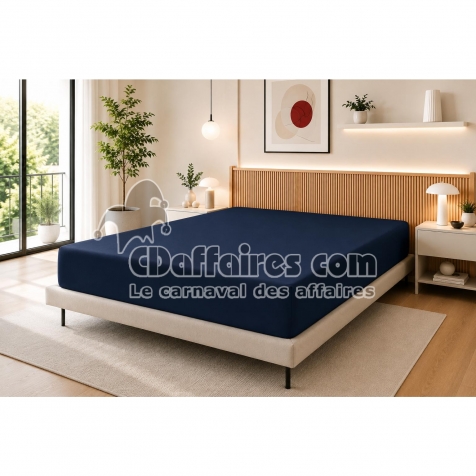 Drap Housse 160 x 200 cm Bleu nuit &ndash; 100% Coton 57 Fils/cm&sup2;- Bonnet 30 cm