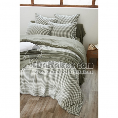 Housse de couette r&eacute;versible 200 x 200 cm &ndash; Gaze de coton tiss&eacute;e teint&eacute;e &ndash; VICKIE Romarin