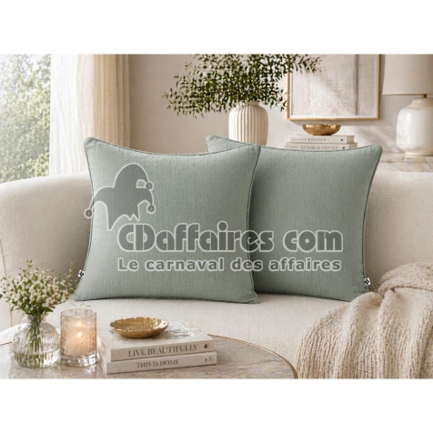 Lot de 2 coussins 45 x 45 cm gaze de coton Eucalyptus &ndash; D&eacute;houssables zip &ndash; Passepoil