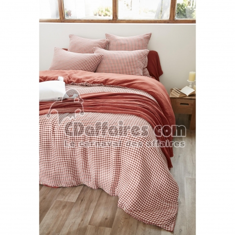 Housse de couette r&eacute;versible 260 x 240 cm &ndash; Gaze de coton tiss&eacute;e teint&eacute;e &ndash; VICKIE Terracotta