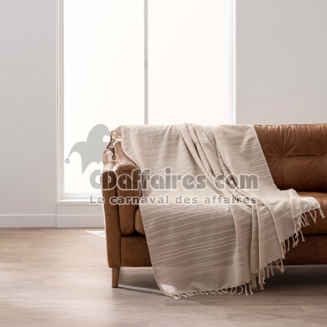 Plaid LILIA 240 x 260 cm &ndash; 100 % coton &ndash; Plaid &agrave; franges Beige