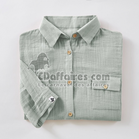 Tunique chemise femme double gaze de coton GA&Iuml;A &ndash; 100% coton &ndash; boutons coco &ndash; taille L/XL - Eucalyptus