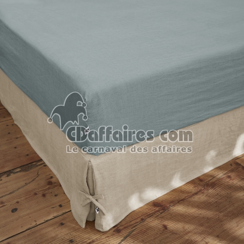 Drap Housse 90 x 190 cm &ndash; Lin Lav&eacute; Fran&ccedil;ais Luxe Soline &ndash; Azur
