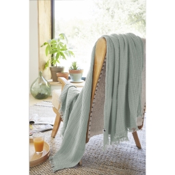Plaid &agrave; franges 130 x 160 cm &ndash; Double Gaze de Coton &ndash; GA&Iuml;A Eucalyptus