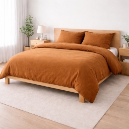 Parure de lit 240 x 220 cm Sienna Caramel + 2 taies 63x63 cm &ndash; Double face gaze de coton & coton 57 fils