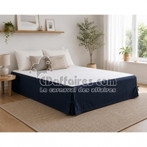 Cache-sommier 160 x 200 cm Double Gaze de Coton GA&Iuml;A Marine &ndash; Qualit&eacute; Haut de Gamme