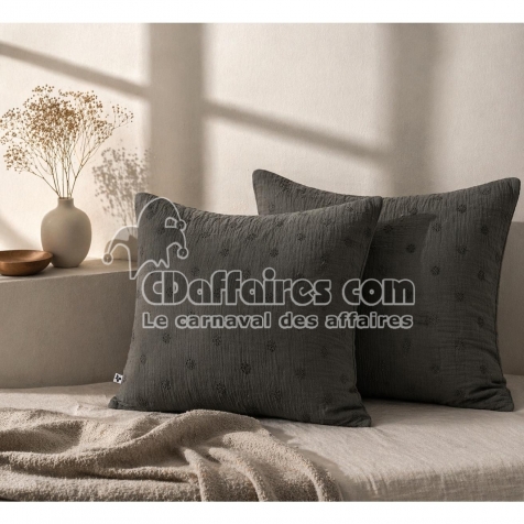 Lot de 2 Taies d&rsquo;Oreiller 60 x 60 cm &ndash; Gaze de Coton Brod&eacute;e &ndash; GA&Iuml;A BOHO Granit