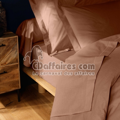 Drap plat 2 personnes 240 x 300 cm coton 57 fils Lina Blush &ndash; Finition point bourdon