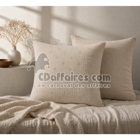 Lot de 2 Taies d&rsquo;Oreiller 60 x 60 cm &ndash; Gaze de Coton Brod&eacute;e &ndash; GA&Iuml;A BOHO Ficelleod&eacute;e &ndash; GA&Iuml;A BOHO Abricot