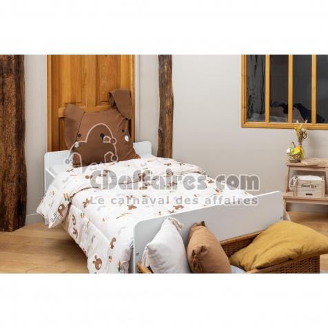 Housse de couette + 2 taies d&rsquo;oreiller 240 x 220 cm &ndash; Coton 57 fils &ndash; Imprim&eacute; Pompon