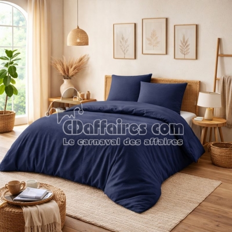 Parure de couette NIDRA 240 x 220 cm &ndash; Coton nid d&rsquo;abeille &ndash; Bleu nuit &ndash; 2 taies 65 x 65 cm