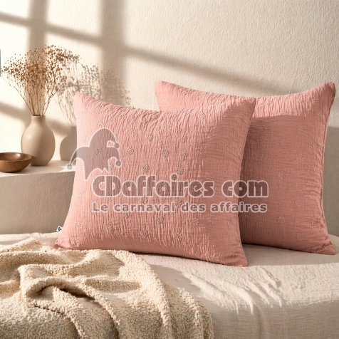 Lot de 2 Taies d&rsquo;Oreiller 60 x 60 cm &ndash; Gaze de Coton Brod&eacute;e &ndash; GA&Iuml;A BOHO Rose p&ecirc;che