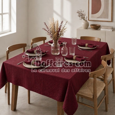 Nappe rectangle 150 x 250 cm + 6 serviettes de table &ndash; Double gaze de coton GA&Iuml;A Bordeaux