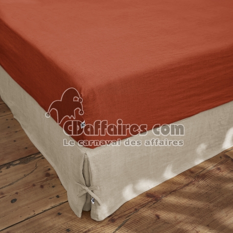Drap Housse 90 x 190 cm &ndash; Lin Lav&eacute; Fran&ccedil;ais Luxe Soline &ndash; Paprika