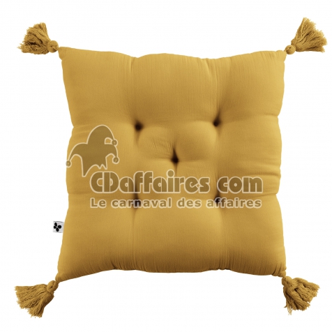 Assise matelass&eacute;e 5 points avec pompons gaze de coton 40 x 40 cm safran Jaune