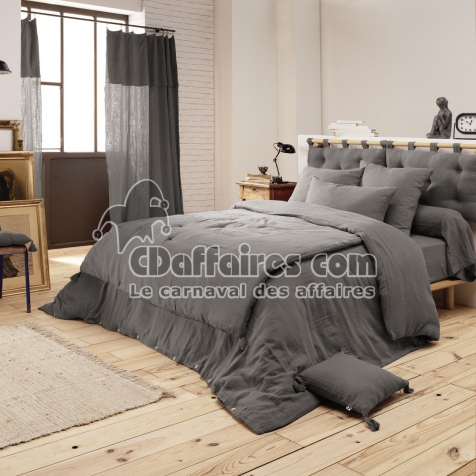 Bout de lit double gaze de coton à pompons 90 x 200 cm Gaia Anthracite