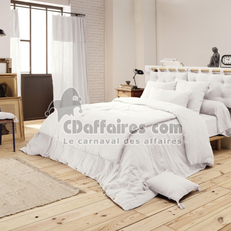 Bout de lit double gaze de coton à pompons 90 x 200 cm Gaia Blanc