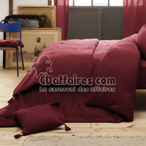 Bout de lit double gaze de coton à pompons 90 x 200 cm Gaia Bordeaux
