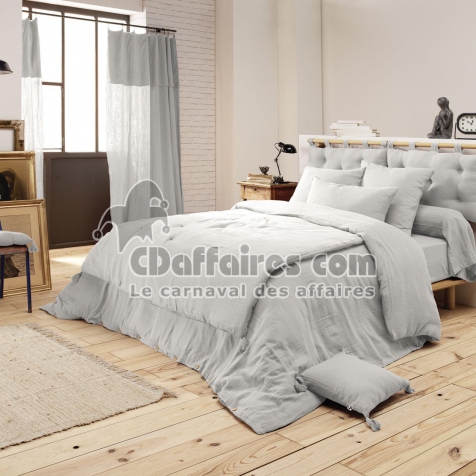 Bout de lit double gaze de coton &agrave; pompons 90 x 200 cm Gaia Gris