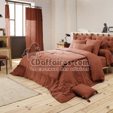 Bout de lit double gaze de coton à pompons 90 x 200 cm Gaia Terracotta