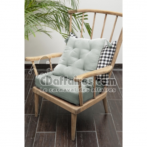 coussin capitonn&eacute; 5 points avec pompons 40 x 40 cm gaze de coton unie ga&iuml;a eucalyptus