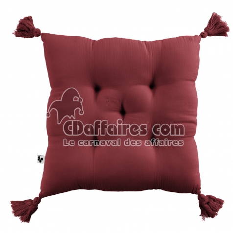 Coussin capitonn&eacute; 5 points avec pompons gaze de coton 40 x 40 cm gaia lie de vin Bordeaux