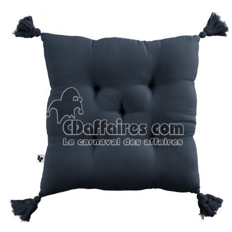 Coussin capitonné 5 points avec pompons gaze de coton 40 x 40 cm gaia minuit Bleu foncé