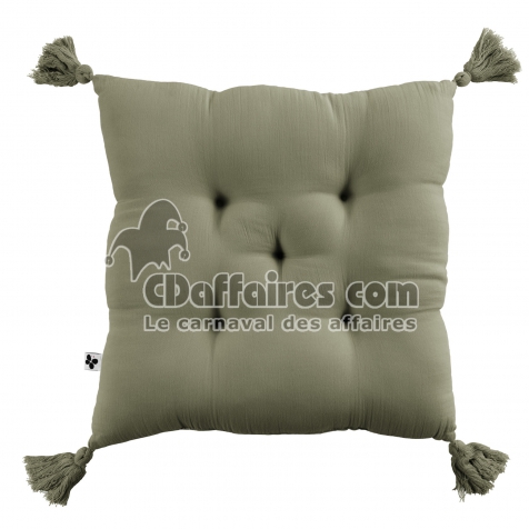 Coussin capitonné 5 points avec pompons gaze de coton 40 x 40 cm gaia romarin Kaki