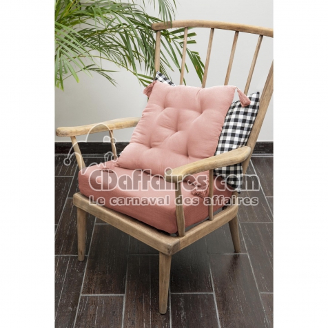 Coussin capitonné 5 points avec pompons gaze de coton 40 x 40 cm gaïa rose pêche Rose