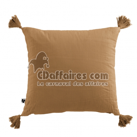 Coussin déhoussable avec pompons gaze de coton 40 x 40 cm gaia camel Marron