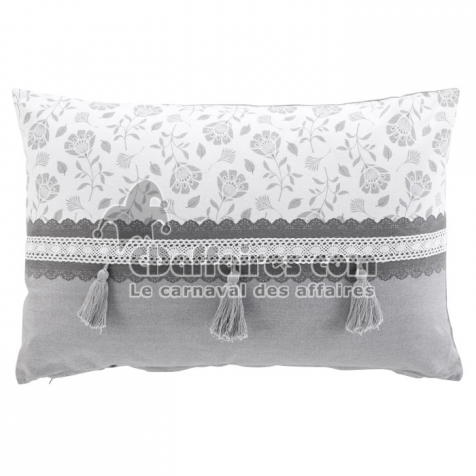Coussin dehoussable pompon 40x60 cm coton/polyester imp.+dentelle Flavie