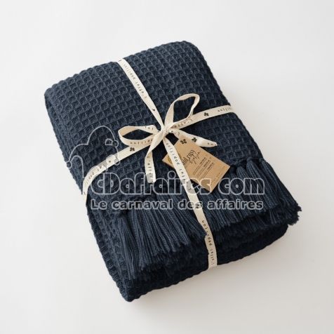 Couvre-lit &agrave; franges 240 x 260 cm en RPET - Gabin Bleu Marine