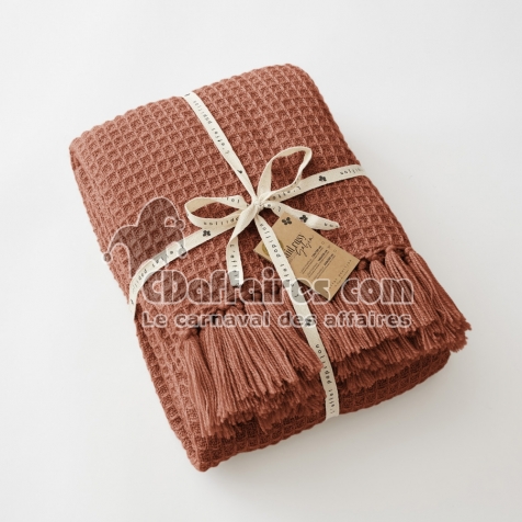 Couvre-lit &agrave; franges 240 x 260 cm en RPET - Gabin Terracotta