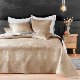 Couvre-lit Velours Uni Solange - 220 x 240 cm - Beige + 2 housses de coussins 60x60 cm