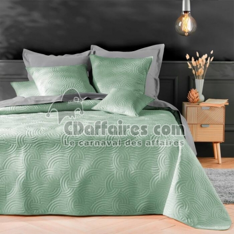 Couvre-lit Velours Uni Solange - 220 x 240 cm - Sauge + 2 housses de coussins 60x60 cm