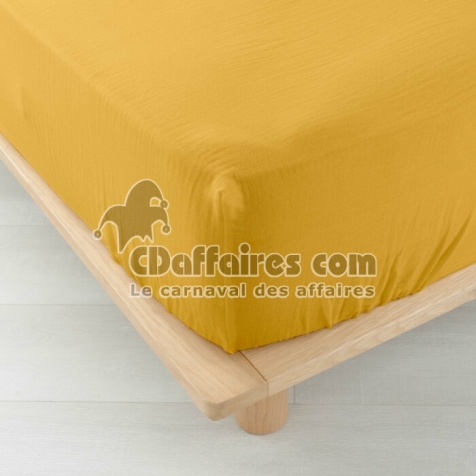 Drap housse 2 personnes 140 x 190 cm double gaze coton 57 fils Angelia Jaune