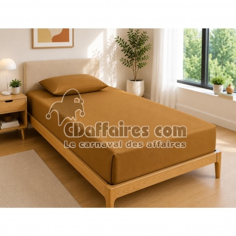 Drap Housse 90x190 cm 1 Place 100% Coton 57 Fils/cm&sup2; Bonnet 30 cm Caramel