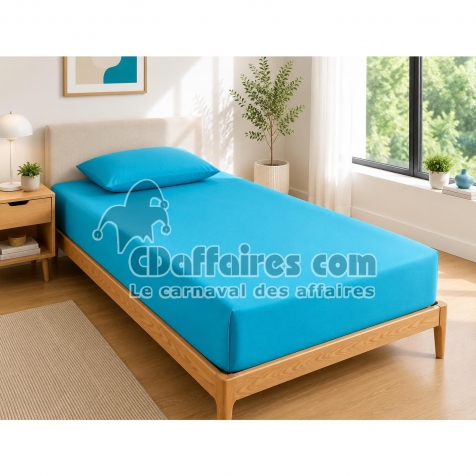 Drap Housse 90x190 cm 1 Place 100% Coton 57 Fils/cm&sup2; Bonnet 30 cm Cyan