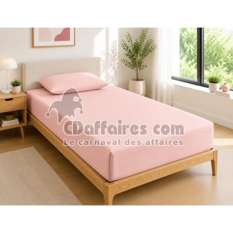 Drap Housse 90x190 cm 1 Place 100% Coton 57 Fils/cm&sup2; Bonnet 30 cm Rose drag&eacute;e