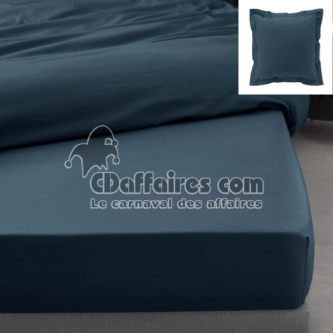 Drap housse confort 140 x 190 cm + 2 taies carrés en percale 78 fils Bleu