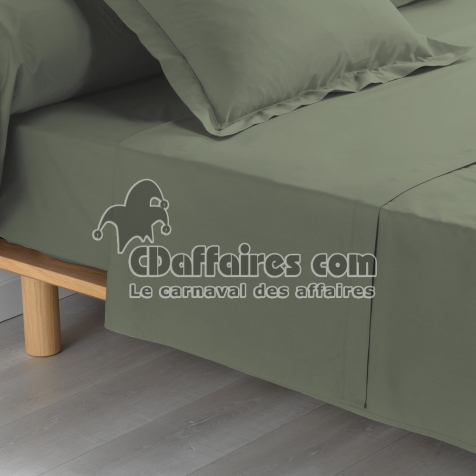 Drap plat 1 personne 180 x 290 cm percale uni 78 fils percaline  +p. bourdon Kaki