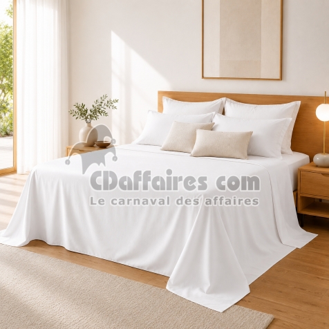 Drap Plat 240 x 300 cm Blanc Satin de Coton Peign&eacute; 120 Fils/cm&sup2; - Qualit&eacute; H&ocirc;teli&egrave;re Premium