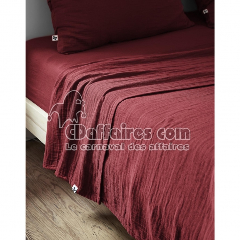 Drap plat 240 x 300 cm Double gaze de coton luxe Gaïa Lie de vin