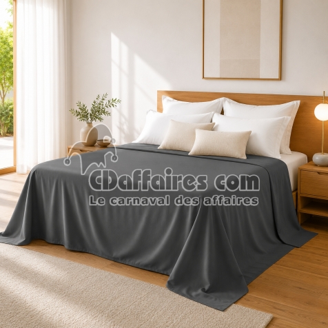 Drap Plat 240 x 300 cm Graphite Satin de Coton Peign&eacute; 120 Fils/cm&sup2; - Qualit&eacute; H&ocirc;teli&egrave;re Premium