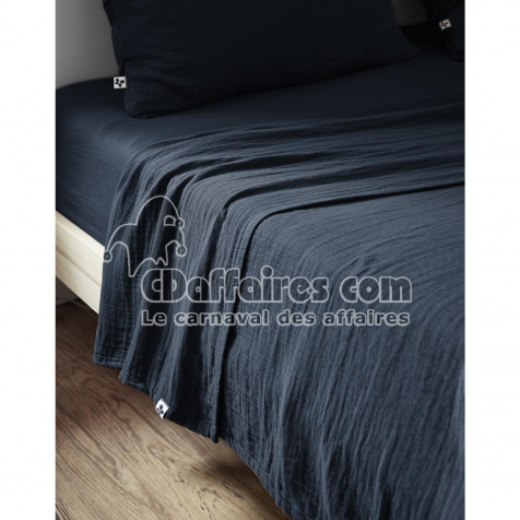 Drap plat 270 x 300 cm Double gaze de coton luxe Gaïa Bleu marine