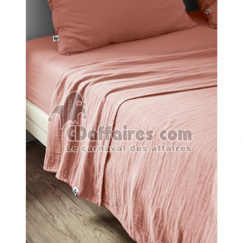 Drap plat 270 x 300 cm Double gaze de coton luxe Gaïa Rose pêche