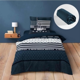 Ensemble de Lit States : Housse de Couette 140x200 cm avec Drap-Housse Bleu 90x190 cm - Esprit USA