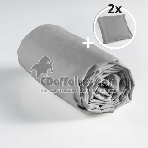 Ensemble drap housse 160 x 200 cm + 2 taies d'oreiller 63 x 63 100% coton Galet